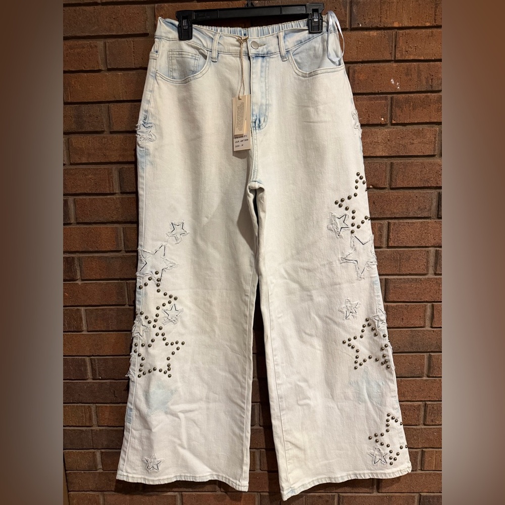 Blue Velvet NWT new Embellished Star Women Jeans medium patchwork wide leg boho